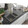 Mexen Matias granite kitchen sink 1.5-bowl with drainer and Savita kitchen faucet, gray - 6502-71-672601-50