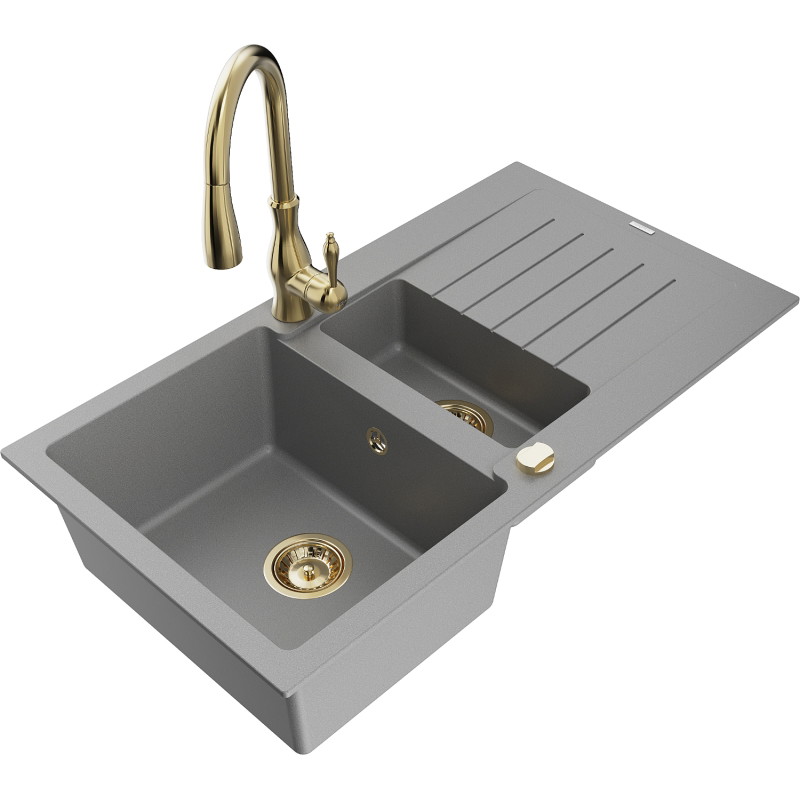 Mexen Matias granite kitchen sink 1.5-bowl with drainer and Savita kitchen faucet, gray - 6502-71-672601-50