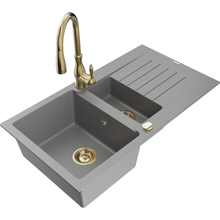 Mexen Matias 1.5-compartment granite sink with a drip tray and kitchen mixer tap Savita, Grey - 6502-71-672601-50