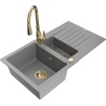 Mexen Matias granite kitchen sink 1.5-bowl with drainer and Savita kitchen faucet, gray - 6502-71-672601-50