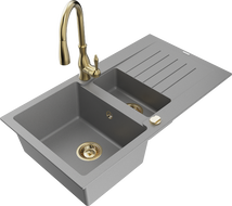 Mexen Matias 1.5-compartment granite sink with a drip tray and kitchen mixer tap Savita, Grey - 6502-71-672601-50