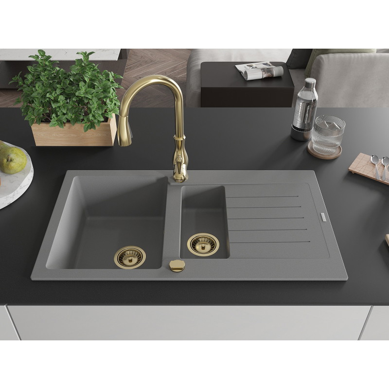 Mexen Matias granite kitchen sink 1.5-bowl with drainer and Savita kitchen faucet, gray - 6502-71-672601-50