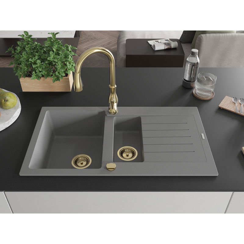 Mexen Matias granite sink 1.5-bowl with drainer and Savita kitchen tap, grey - 6502-71-672601-50