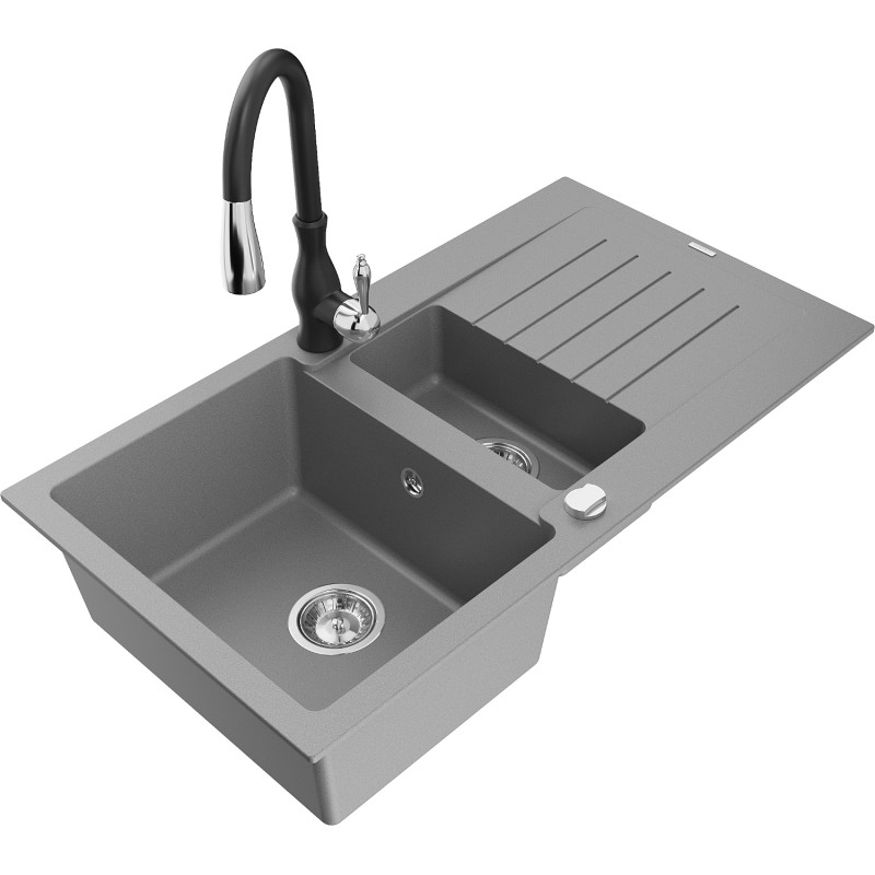 Mexen Matias 1.5-bowl granite sink with drainer and Savita kitchen faucet, gray - 6502-71-672601-70