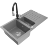 Mexen Matias 1.5-compartment granite sink with a drip tray and kitchen mixer tap Savita, Grey - 6502-71-672601-70
