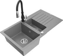 Mexen Matias 1.5-compartment granite sink with a drip tray and kitchen mixer tap Savita, Grey - 6502-71-672601-70