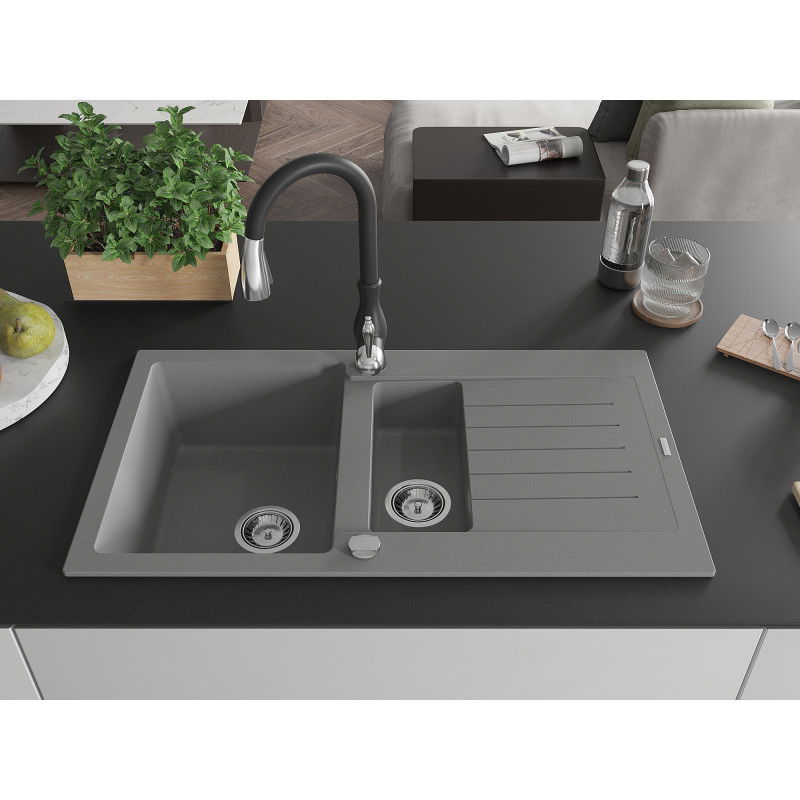 Mexen Matias granite sink 1.5-bowl with drainer and Savita kitchen tap, grey - 6502-71-672601-70