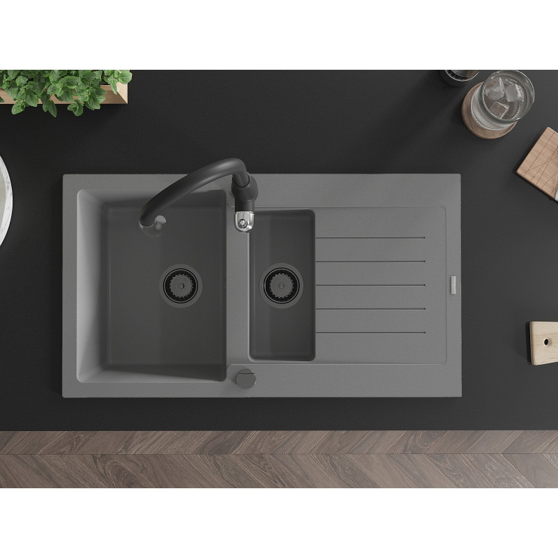 Mexen Matias granite sink 1.5-bowl with drainer and Savita kitchen faucet, gray - 6502-71-672601-70-B