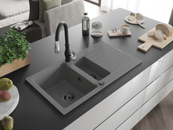Mexen Matias 1.5-bowl granite sink with drainer and Savita kitchen faucet, gray - 6502-71-672601-70-B