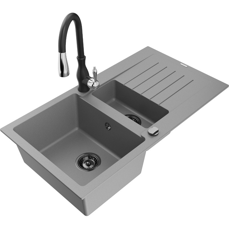 Mexen Matias granite sink 1.5-bowl with drainer and Savita kitchen faucet, gray - 6502-71-672601-70-B