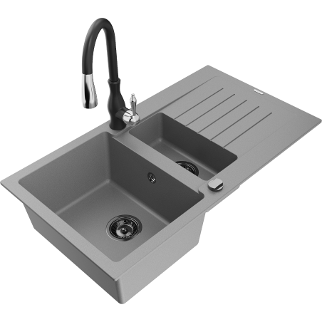 Mexen Matias 1.5-bowl granite sink with drainer and Savita kitchen faucet, gray - 6502-71-672601-70-B