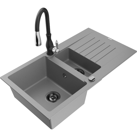 Mexen Matias 1.5-compartment granite sink with a drip tray and kitchen mixer tap Savita, Grey - 6502-71-672601-70-B