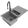 Mexen Matias 1.5-compartment granite sink with a drip tray and kitchen mixer tap Savita, Grey - 6502-71-672601-70-B