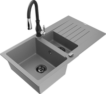 Mexen Matias 1.5-compartment granite sink with a drip tray and kitchen mixer tap Savita, Grey - 6502-71-672601-70-B