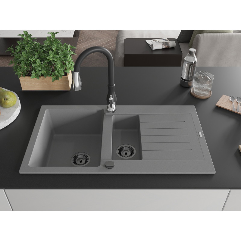 Mexen Matias granite sink 1.5-bowl with drainer and Savita kitchen faucet, gray - 6502-71-672601-70-B
