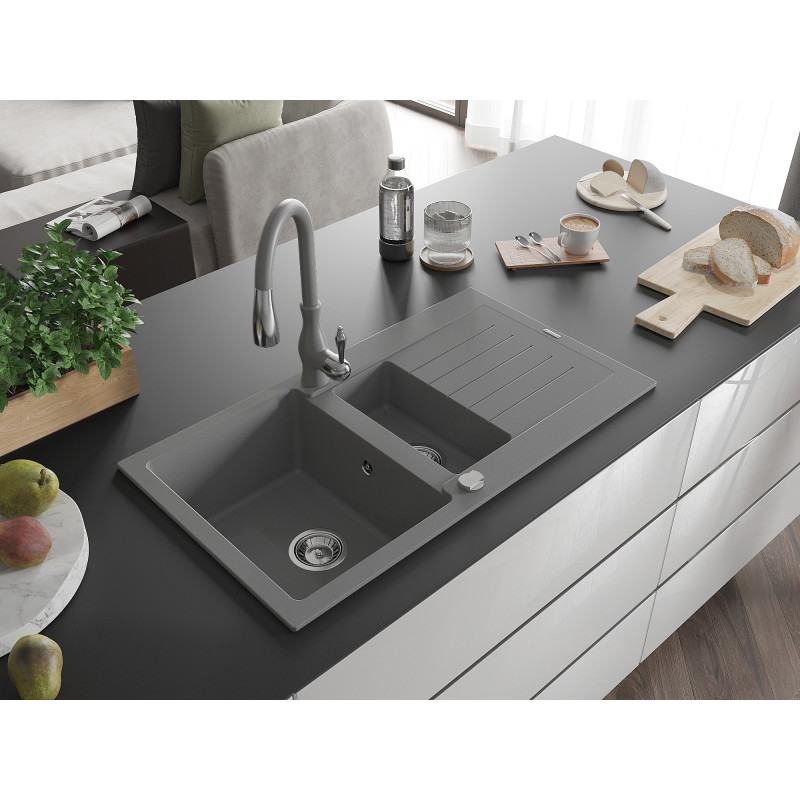 Mexen Matias 1.5-bowl granite sink with drainer and Savita kitchen faucet, gray - 6502-71-672601-71