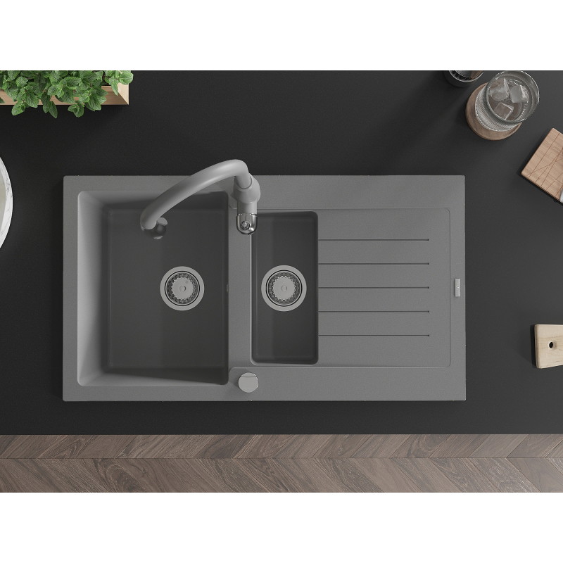 Mexen Matias 1.5-bowl granite sink with drainer and Savita kitchen faucet, gray - 6502-71-672601-71