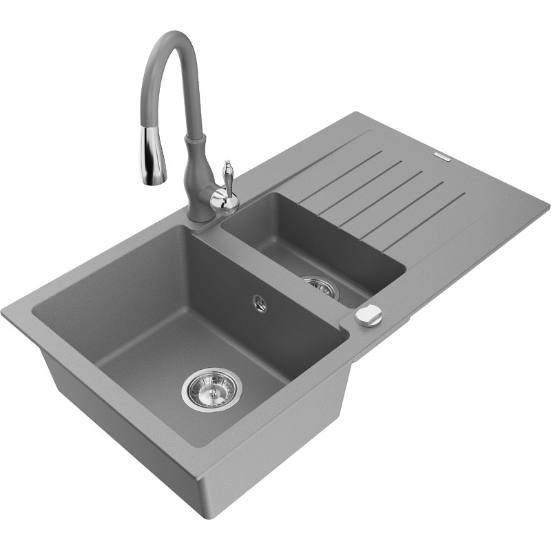 Mexen Matias 1.5-bowl granite sink with drainer and Savita kitchen faucet, gray - 6502-71-672601-71