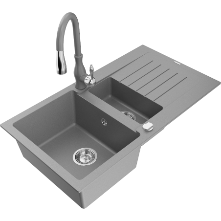 Mexen Matias 1.5-compartment granite sink with a drip tray and kitchen mixer tap Savita, Grey - 6502-71-672601-71