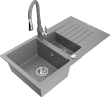 Mexen Matias 1.5-compartment granite sink with a drip tray and kitchen mixer tap Savita, Grey - 6502-71-672601-71