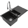 Mexen Matias granite sink 1.5-bowl with drainer and Savita kitchen tap, black/silver - 6502-73-672601-00