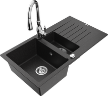 Mexen Matias 1.5-compartment granite sink with a drip tray and kitchen mixer tap Savita, Black/Silver - 6502-73-672601-00