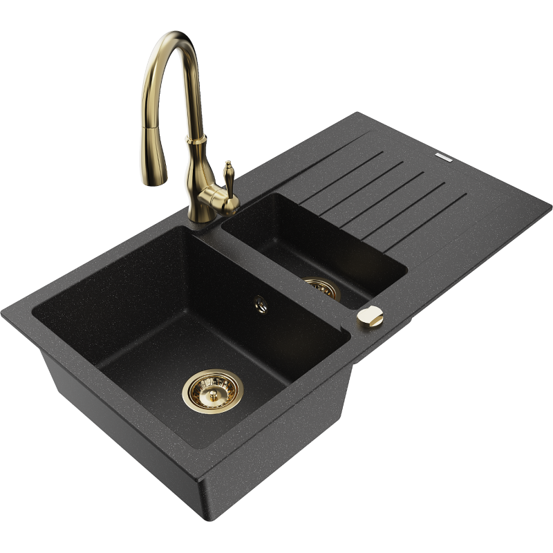 Mexen Matias 1.5-bowl granite sink with drainer and Savita kitchen faucet, black/silver - 6502-73-672601-50