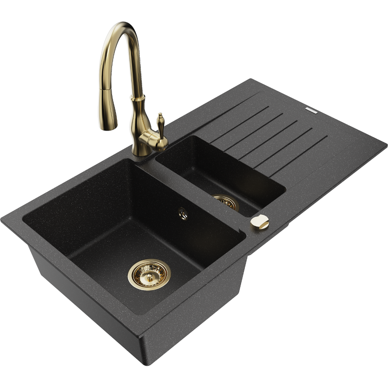 Mexen Matias 1.5-bowl granite sink with drainer and Savita kitchen tap, black/silver - 6502-73-672601-50