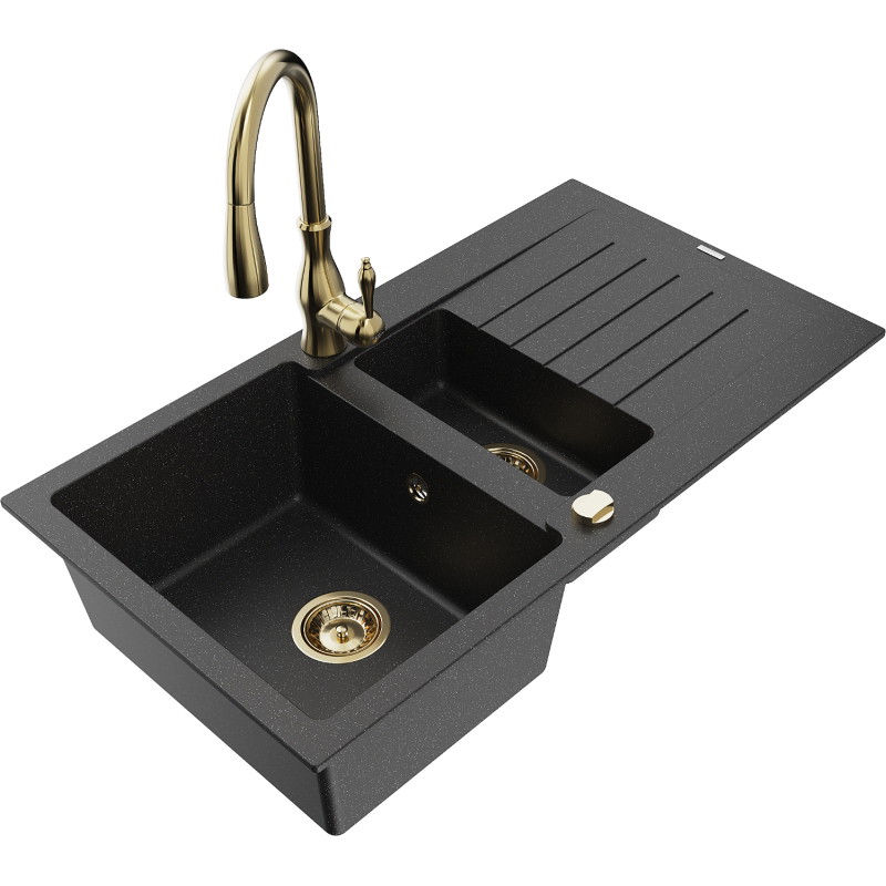 Mexen Matias granite sink 1.5-bowl with drainer and Savita kitchen faucet, black/silver - 6502-73-672601-50