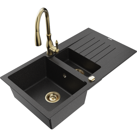 Mexen Matias 1.5-bowl granite sink with drainer and Savita kitchen tap, black/silver - 6502-73-672601-50