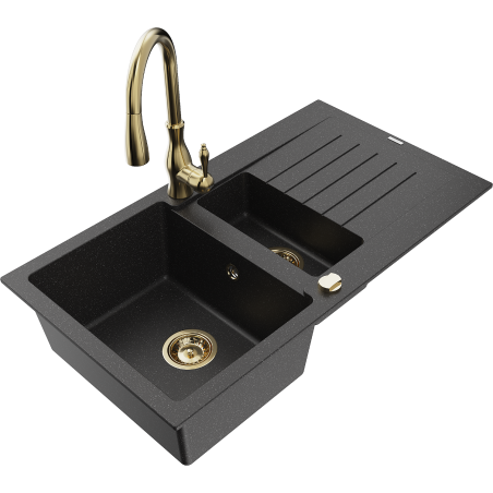 Mexen Matias 1.5-compartment granite sink with a drip tray and kitchen mixer tap Savita, Black/Silver - 6502-73-672601-50