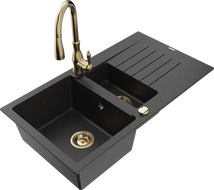Mexen Matias 1.5-compartment granite sink with a drip tray and kitchen mixer tap Savita, Black/Silver - 6502-73-672601-50
