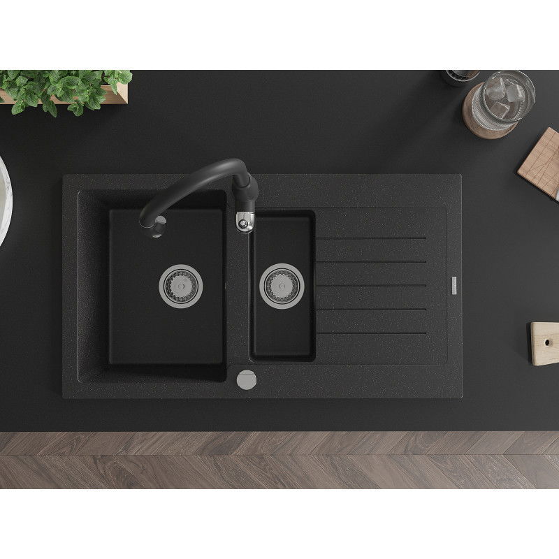 Mexen Matias granite sink 1.5-bowl with drainer and Savita kitchen tap, black/silver - 6502-73-672601-70