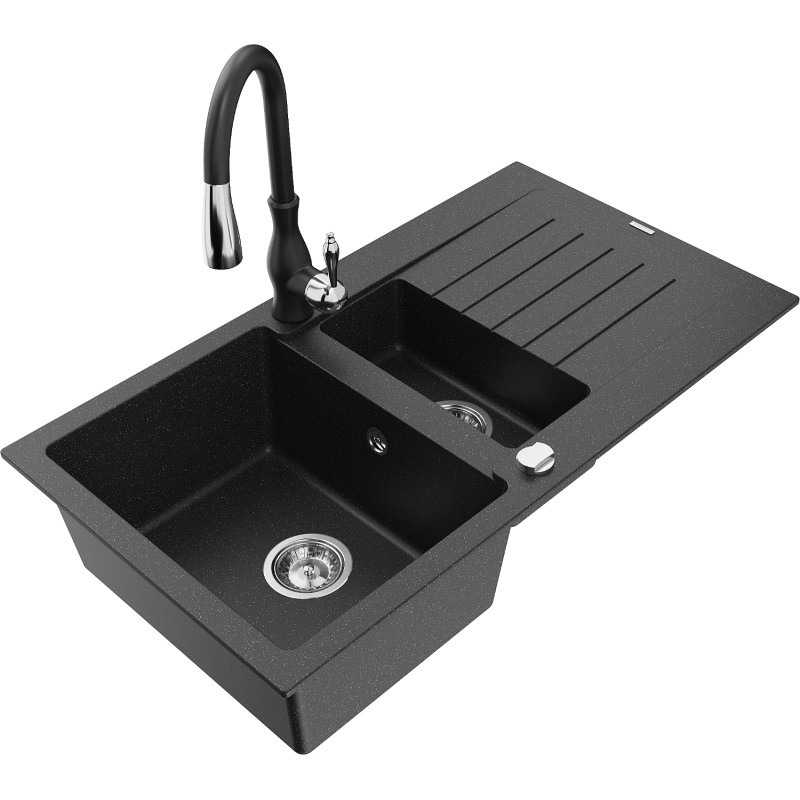 Mexen Matias granite kitchen sink 1.5-bowl with a drainer and Savita kitchen faucet, black/silver - 6502-73-672601-70