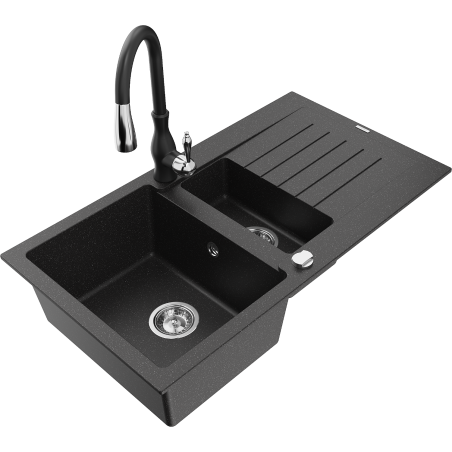 Mexen Matias granite kitchen sink 1.5-bowl with a drainer and Savita kitchen faucet, black/silver - 6502-73-672601-70