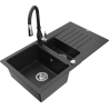 Mexen Matias 1.5-compartment granite sink with a drip tray and kitchen mixer tap Savita, Black/Silver - 6502-73-672601-70
