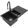 Mexen Matias granite kitchen sink 1.5-bowl with drainer and Savita faucet, black/silver - 6502-73-672601-70