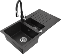Mexen Matias 1.5-compartment granite sink with a drip tray and kitchen mixer tap Savita, Black/Silver - 6502-73-672601-70
