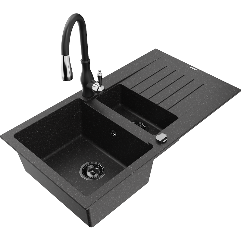 Mexen Matias granite kitchen sink 1.5-bowl with drainer and Savita kitchen tap, black/silver - 6502-73-672601-70-B