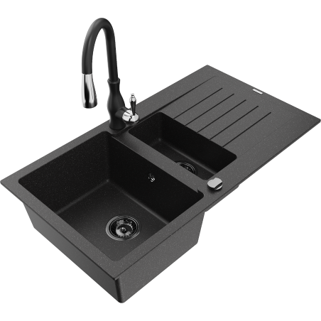 Mexen Matias 1.5-compartment granite sink with a drip tray and kitchen mixer tap Savita, Black/Silver - 6502-73-672601-70-B