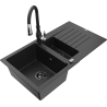 Mexen Matias granite sink 1.5-bowl with drainer and Savita kitchen faucet, black/silver - 6502-73-672601-70-B