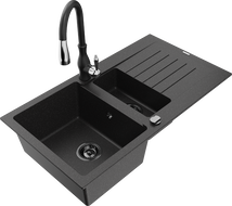 Mexen Matias 1.5-compartment granite sink with a drip tray and kitchen mixer tap Savita, Black/Silver - 6502-73-672601-70-B