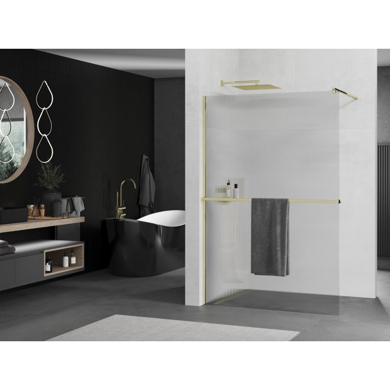 Mexen Kioto+ shower wall with shelf Walk-in 110 x 200 cm, ribbed, gold - 800-110-121-50-09