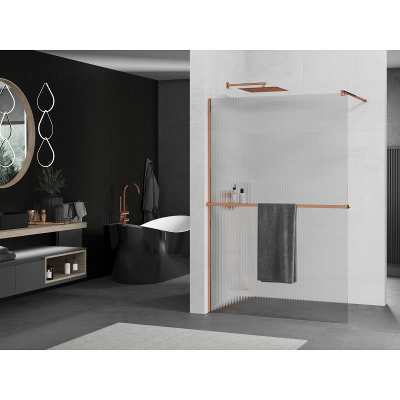 Mexen Kioto+ shower wall with Walk-in shelf 130 x 200 cm, stripes, rose gold - 800-130-121-60-09