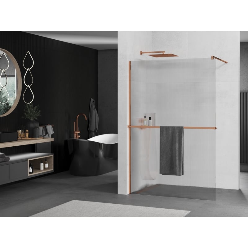 Mexen Kioto+ shower wall with shelf Walk-in 140 x 200 cm, stripes, rose gold - 800-140-121-60-09