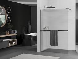 Mexen Kioto+ shower screen with a shelf and rail 90 x 200 cm, ribbed 8 mm, Black - 800-090-121-70-09