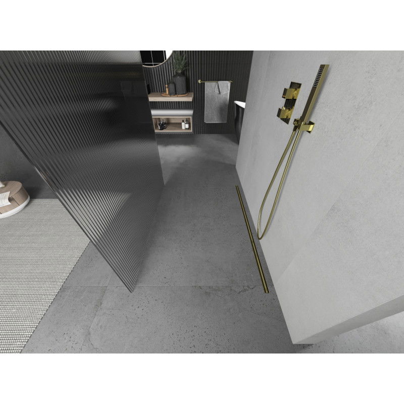 Mexen Kioto freestanding shower screen 140 x 200 cm, stripes 8 mm, gold - 800-140-002-50-09