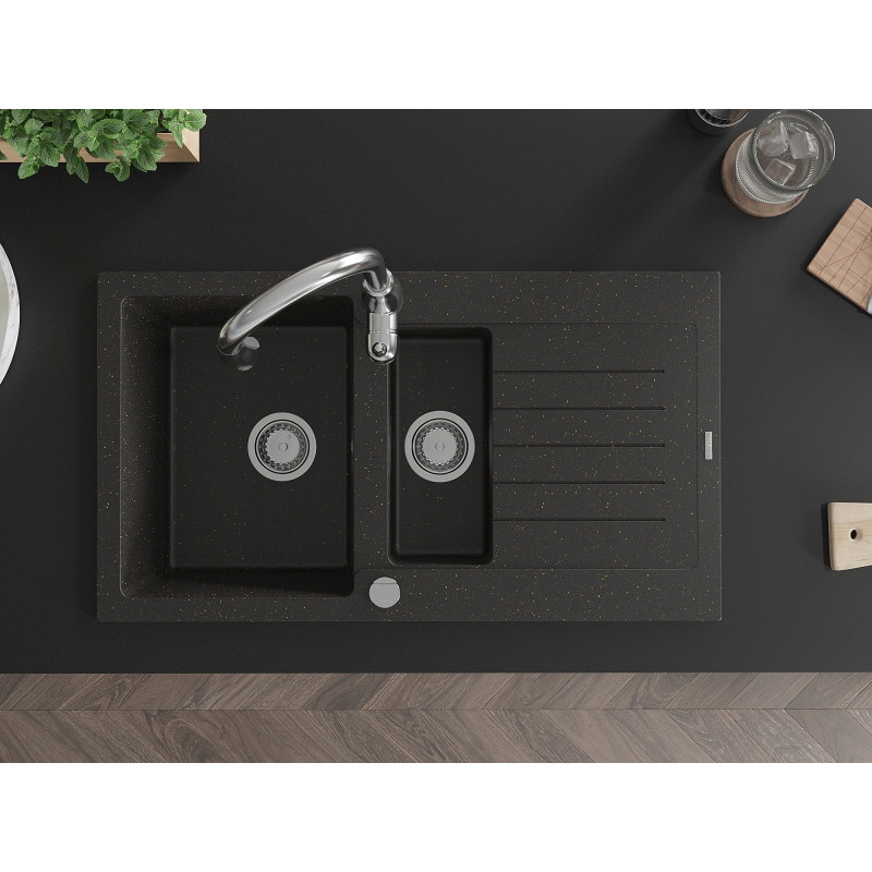 Mexen Matias granite sink 1.5-bowl with drainer and Savita kitchen faucet, black/gold - 6502-75-672601-00