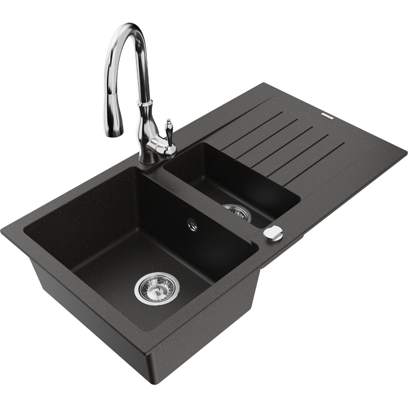 Mexen Matias 1.5-compartment granite sink with a drip tray and kitchen mixer tap Savita, Black/Gold - 6502-75-672601-00