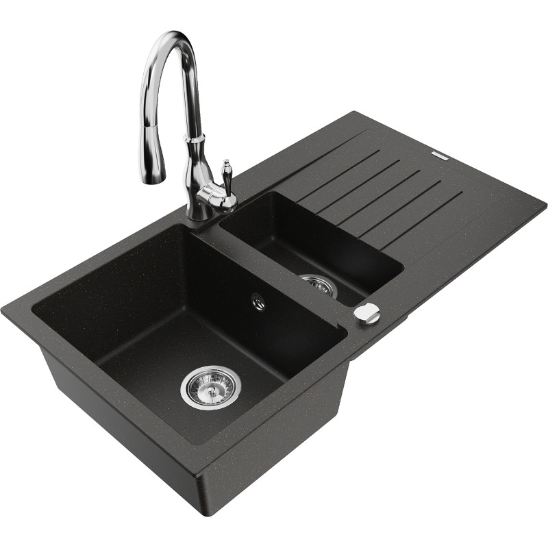 Mexen Matias granite sink 1.5-bowl with drainer and Savita kitchen faucet, black/gold - 6502-75-672601-00